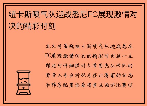 纽卡斯喷气队迎战悉尼FC展现激情对决的精彩时刻